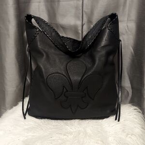SHELLY LITVAK New Hobo Leather Fleur-de-Lis Top Stitched Bag
